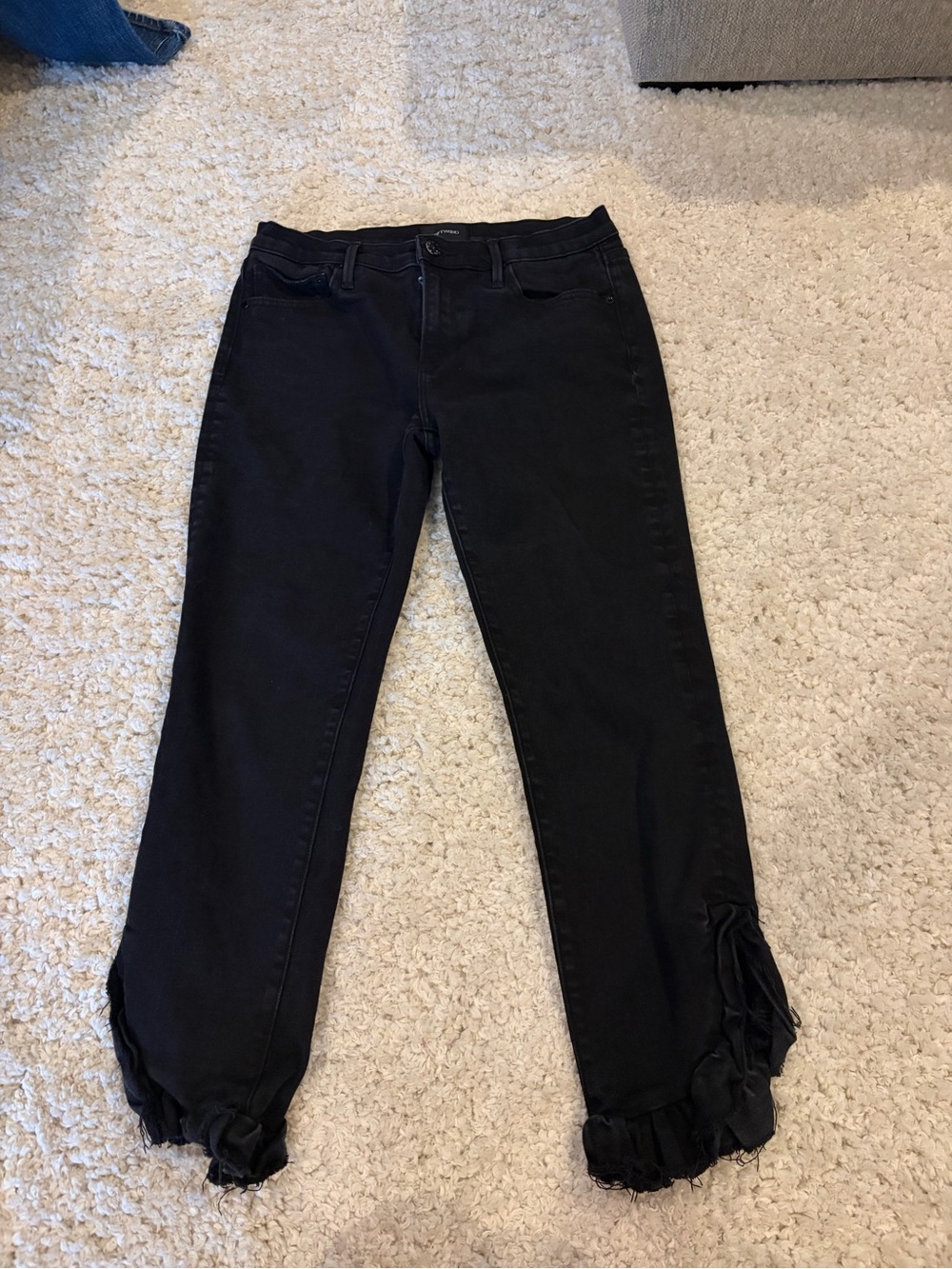 DRIFTWOOD Black Straight Leg Jeans with Ruffle Hem Detail